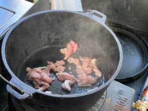 in streifen geschnittene schnitzel im heissen rapsoel im topf anbraten