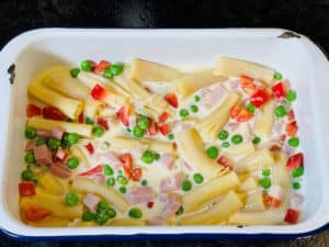 zutaten fuer nudelauflauf in einer auflauform
